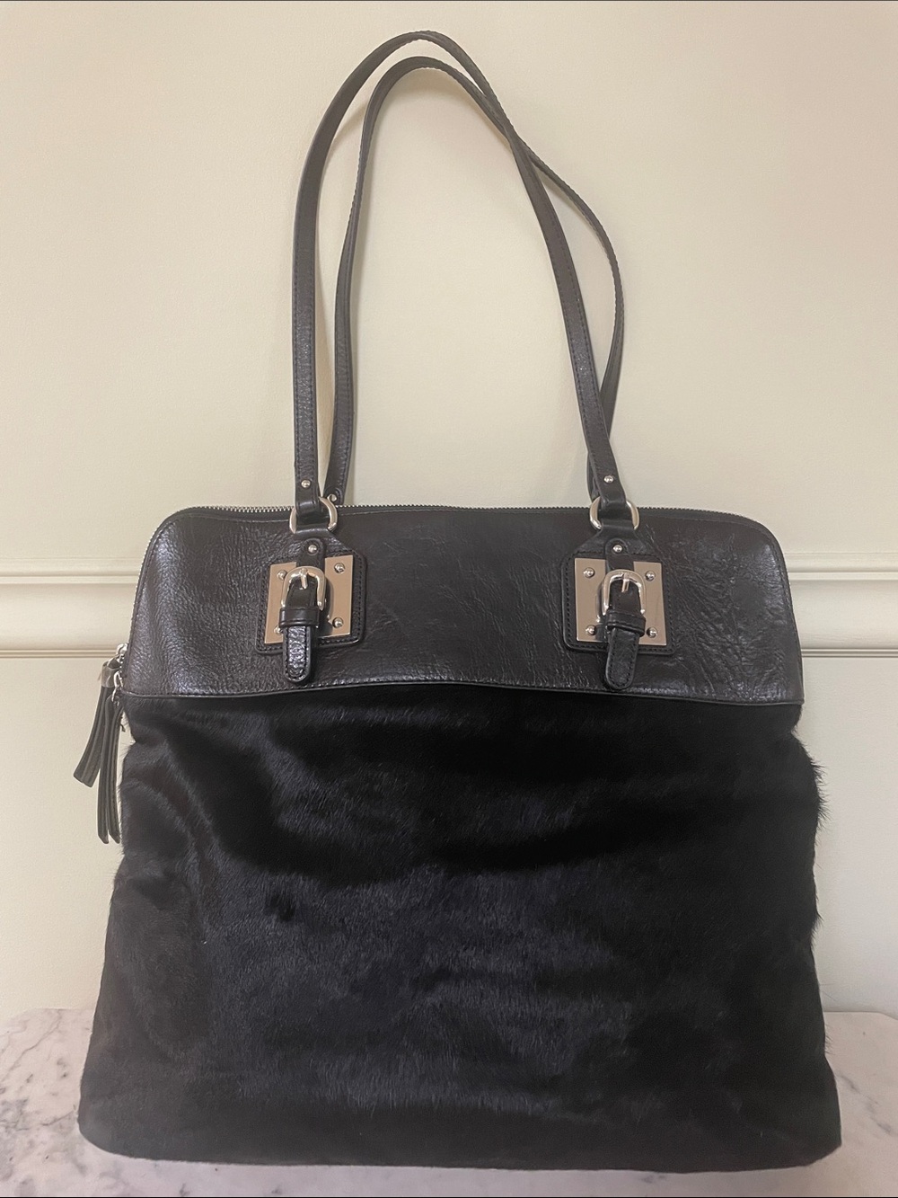 Wilsons Leather Black Faux Fur & Leather Bag